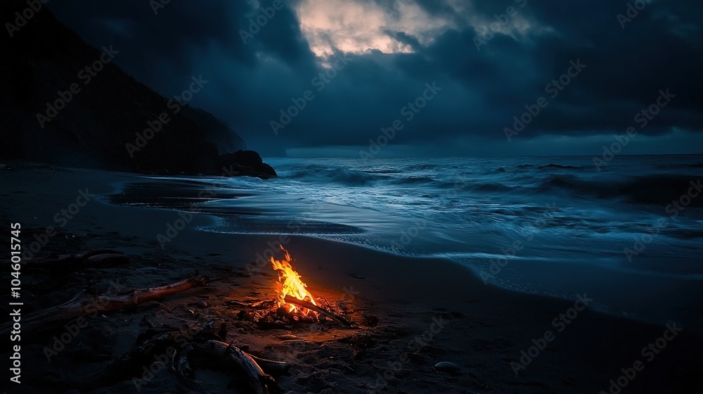 Fototapeta premium A campfire rests atop a sandy shore, beside the vast ocean, as darkness envelops the sky with billowing clouds