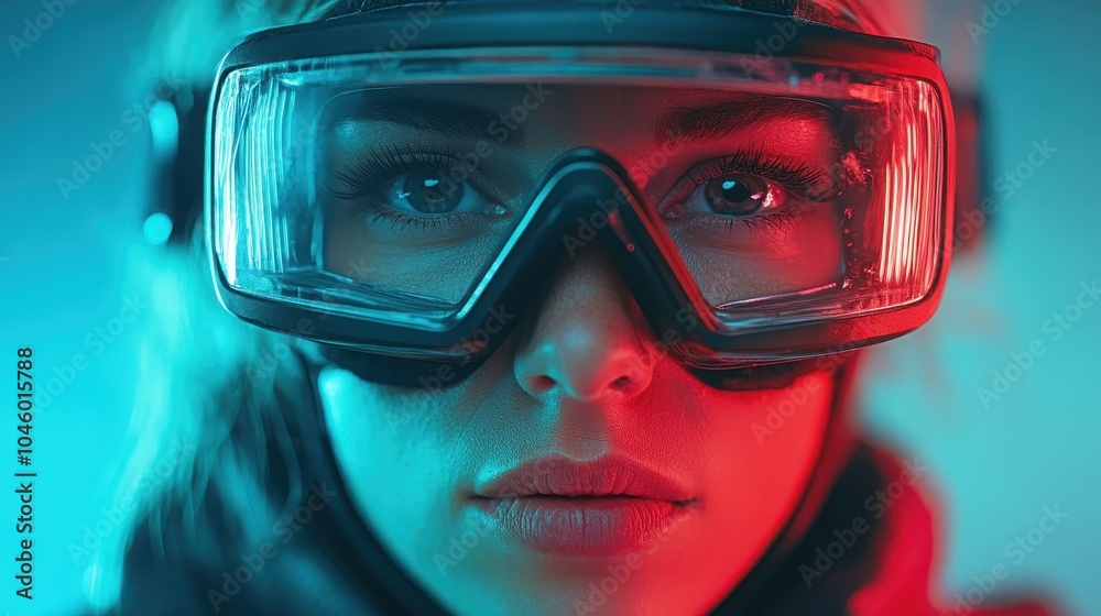 A striking close-up of a woman's face with goggles capturing reflection in futuristic lighting, emphasizing innovation, focus, and modern protective gear in technology. A striking close-up of a woman's face with goggles capturing reflection in futuristic lighting, emphasizing innovation, focus, and modern protective gear in technology.
