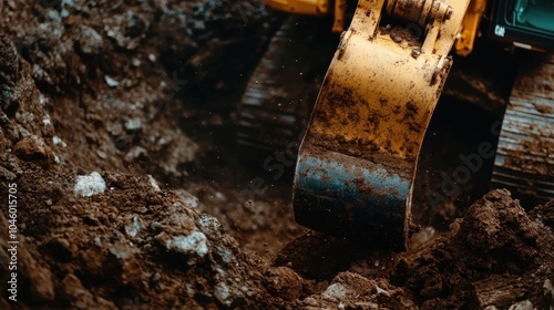 A powerful yellow excavator is captured in action, meticulously scooping and moving rocky soil and debris on a construction site, showcasing its strength and utility.