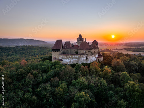 Castle Kreuzenstein in Austria at Sunset - Aerial Drone View photo