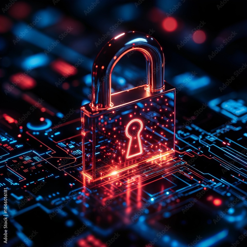 Digital security lock on a futuristic circuit board background. Digital security lock on a futuristic circuit board background.