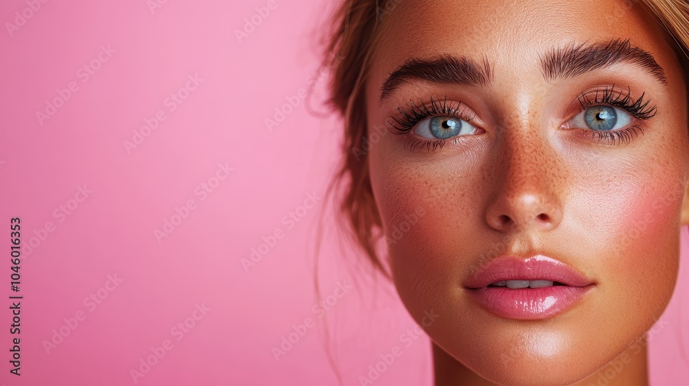 Close-up portrait of a woman with freckled skin and bright, expressive makeup on a pink background, highlighting her style, confidence, and individuality. Close-up portrait of a woman with freckled skin and bright, expressive makeup on a pink background, highlighting her style, confidence, and individuality.