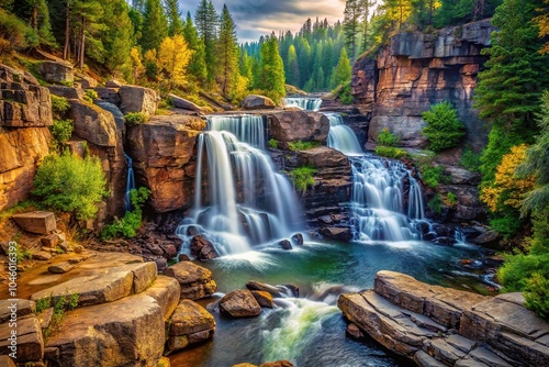 Waterfall in rocky area with trees and rocks from high angle view