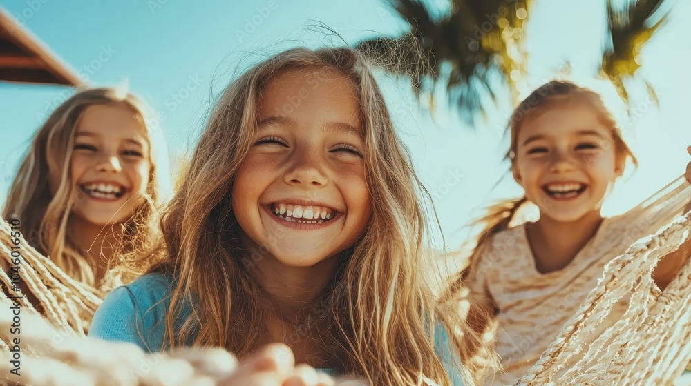 Three children on a hammock, sharing laughter and joy under the bright sun, encapsulating the essence of carefree childhood and cherished moments with friends. Three children on a hammock, sharing laughter and joy under the bright sun, encapsulating the essence of carefree childhood and cherished moments with friends.