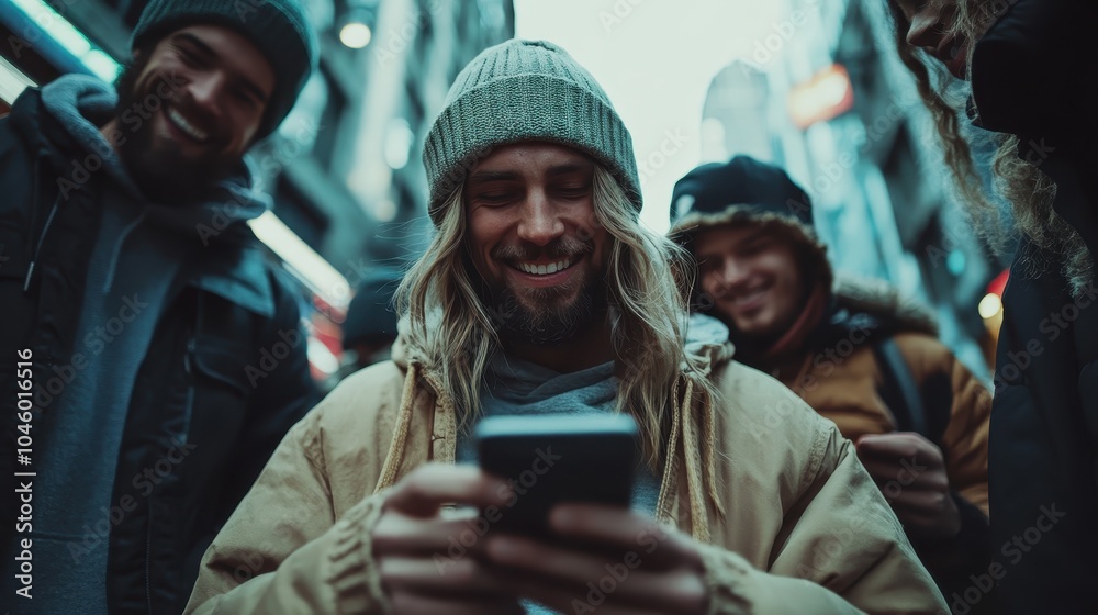 A group of friends are enjoying a city stroll, smiling and checking their phones, showcasing urban lifestyle and connectivity in a lively outdoor setting. A group of friends are enjoying a city stroll, smiling and checking their phones, showcasing urban lifestyle and connectivity in a lively outdoor setting.