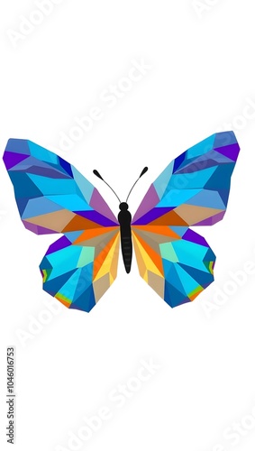 Colorful geometric butterfly design with vibrant blues and oranges on a white background. Generative AI