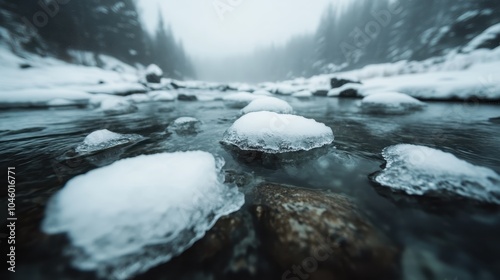 A captivating winter landscape with icy river stones in the foreground and snow-covered trees in a misty forest setting, evoking calmness and solitude.