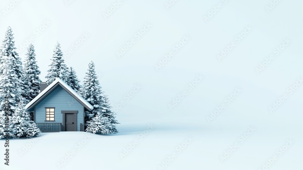 Naklejka premium A winter house stands peacefully in a snowy landscape, framed by tall evergreen trees set against a soft pastel backdrop