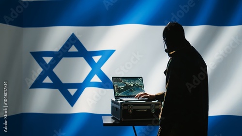 Iranian spy in intelligence agency control room uses military tech to identify threats during Arab Israeli conflict. Mossad secret agent uses software to do war covert operations, camera B