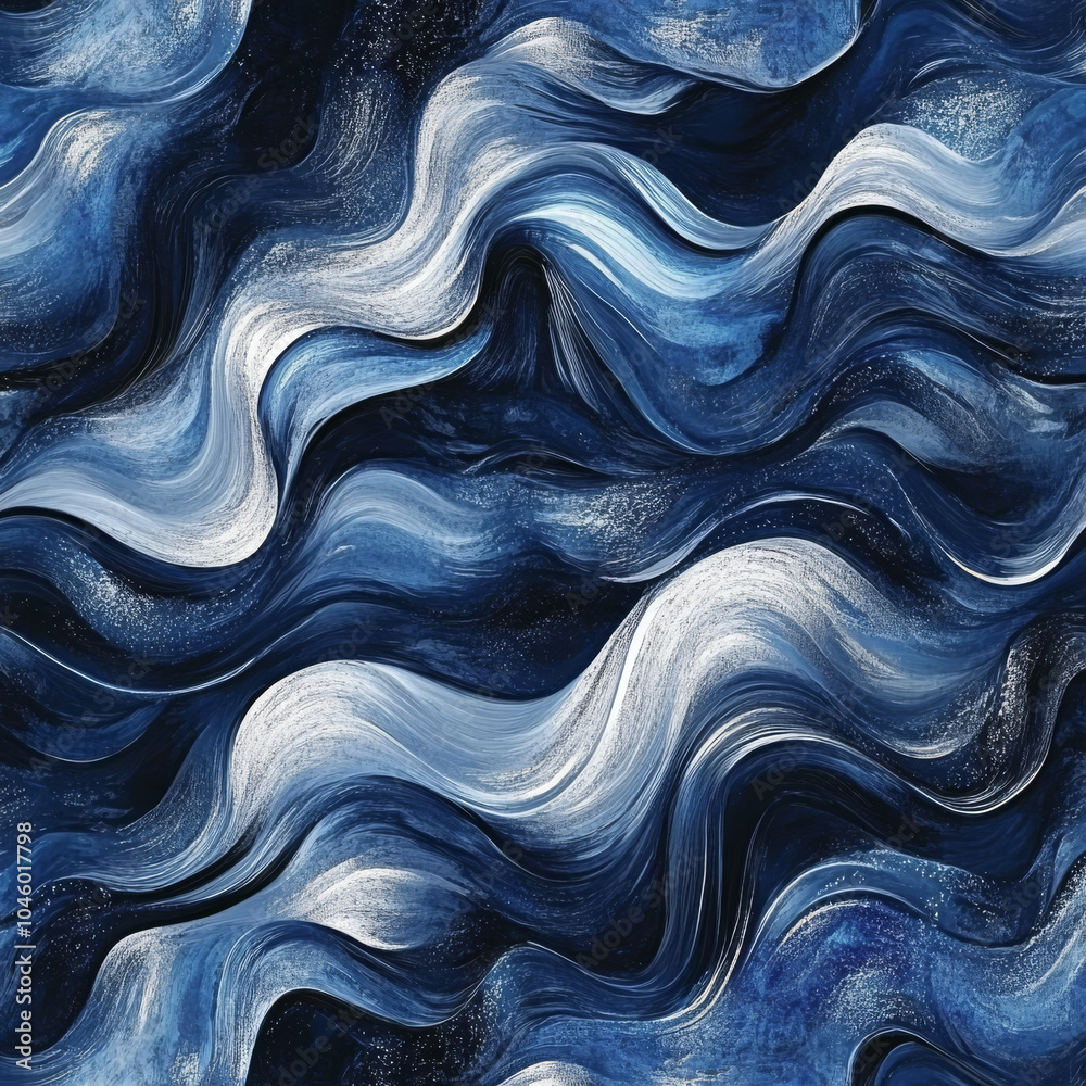 Fototapeta premium A captivating abstract oil paint pattern with wavy shapes in dark blue and silver, creating a mystical and otherworldly atmosphere