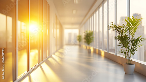 Beautiful blurred background of a light modern office interior with panoramic windows and beautiful lighting 