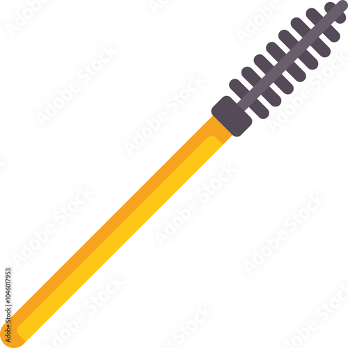 Yellow mascara brush is lying diagonally on a white background