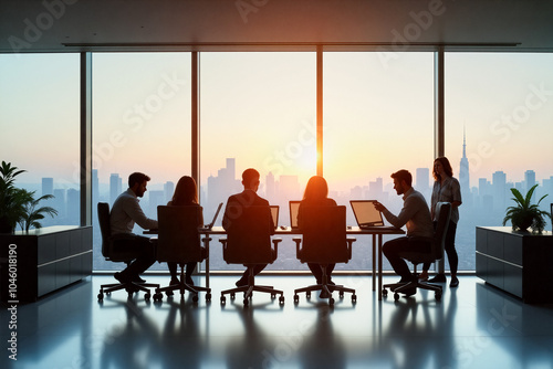 A group of professionals engages in a collaborative meeting as the sun sets behind the city skyline, creating a vibrant atmosphere in the office.