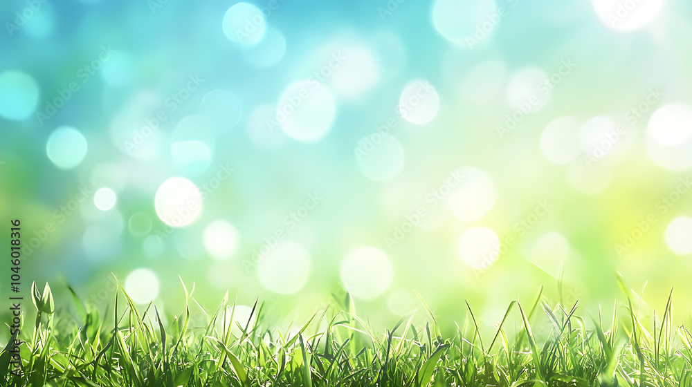 Fototapeta premium Beautiful sunny spring meadow with green grass and blue sky Abstract background with light bokeh and space for text 