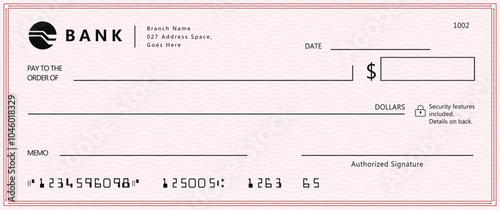 Blank money cheque. Bank check. Red Check book template with pattern and empty fields. Currency payment coupon, US dollar check background.