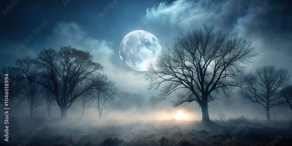 Spooky foggy night with full moon and bare trees for Halloween background Spooky foggy night with full moon and bare trees for Halloween background