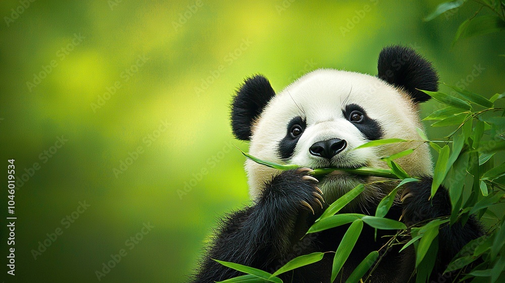 Fototapeta premium Black and white panda eating bamboo against green blurry background, with panda in mouth