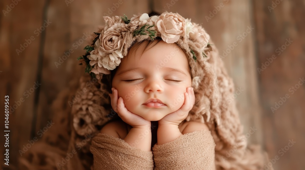 A peacefully sleeping baby wearing a delicate floral crown, wrapped in soft cloth, embodying innocence and tranquility in a cozy, warm setting. A peacefully sleeping baby wearing a delicate floral crown, wrapped in soft cloth, embodying innocence and tranquility in a cozy, warm setting.