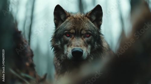 A lone wolf with piercing red eyes stands amidst the misty forest, exuding strength and solitude in the serene, albeit intimidating natural environment. photo