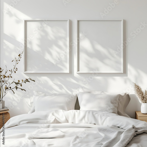 front view of a minimal cosy bedroom plain white wall with two empty white squared frame measuring 40cm high and 40cm wide photo