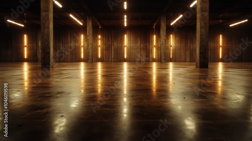 Wallpaper Mural A dimly lit industrial room, featuring polished floors and wooden beams, lined with vertical lights creating a futuristic and sleek ambiance that feels expansive. Torontodigital.ca