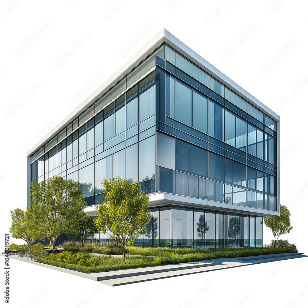 A contemporary office building with reflective glass windows and lush green trees surrounding it, basking in sunlight, PNG, Ai A contemporary office building with reflective glass windows and lush green trees surrounding it, basking in sunlight, PNG, Ai