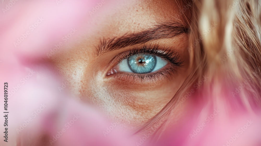 A captivating close-up image showcasing a vibrant blue eye peeking through soft, pink-blurred flowers, representing clarity and beauty with artistic touches. A captivating close-up image showcasing a vibrant blue eye peeking through soft, pink-blurred flowers, representing clarity and beauty with artistic touches.