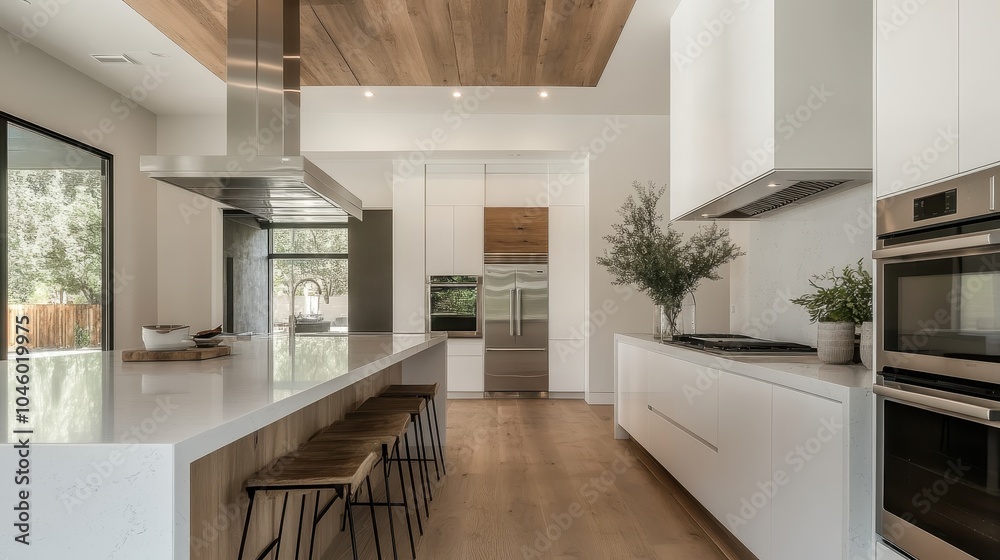 A chic, modern kitchen showcases a central island with sleek design, large windows providing ample daylight, and a harmonious blend of natural and artificial lighting. A chic, modern kitchen showcases a central island with sleek design, large windows providing ample daylight, and a harmonious blend of natural and artificial lighting.