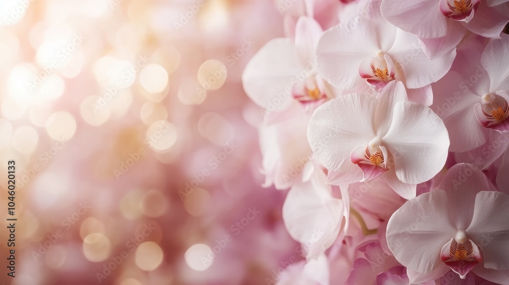 White orchids bask in a soft light, enveloped by a dreamy bokeh background, embodying tranquility and the ethereal beauty of nature’s delicate intricacy. White orchids bask in a soft light, enveloped by a dreamy bokeh background, embodying tranquility and the ethereal beauty of nature’s delicate intricacy.
