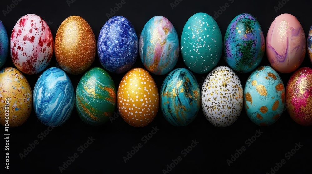 A selection of vividly colored eggs with intricate patterns is displayed against a dark background, emphasizing their bright hues and detailed artistic design. A selection of vividly colored eggs with intricate patterns is displayed against a dark background, emphasizing their bright hues and detailed artistic design.