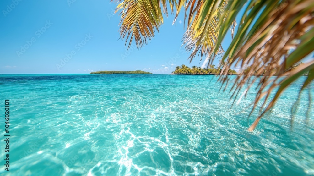 A stunning tropical scene featuring clear turquoise waters, a lush green island in the distance, and palm fronds gently framing the bright blue sky. A stunning tropical scene featuring clear turquoise waters, a lush green island in the distance, and palm fronds gently framing the bright blue sky.