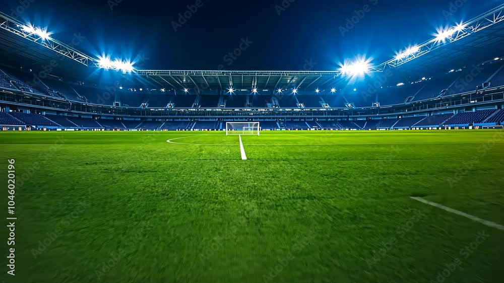 A brightly lit soccer stadium highlighting freshly manicured green grass under the floodlights at night, capturing the essence of a grand sports arena ready for action. Video