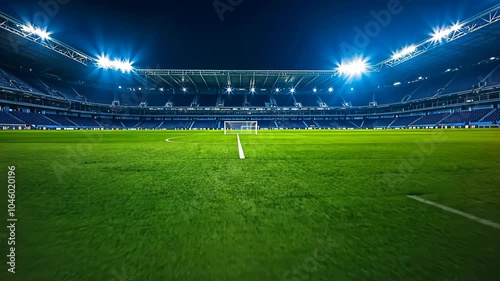 A brightly lit soccer stadium highlighting freshly manicured green grass under the floodlights at night, capturing the essence of a grand sports arena ready for action. Video