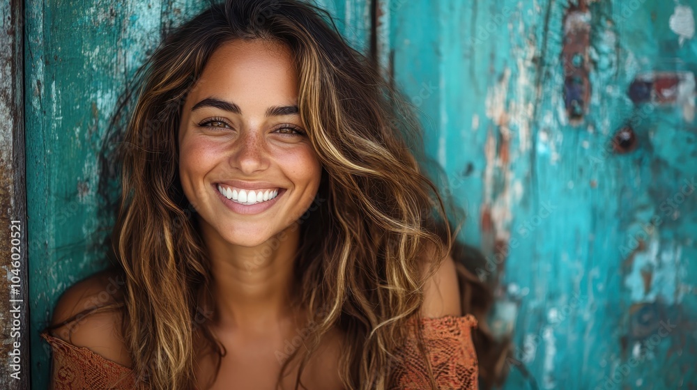 A carefree young woman with loose hair smiles against a textured rustic background, exuding natural beauty and an easygoing, laid-back vibe in bright lighting. A carefree young woman with loose hair smiles against a textured rustic background, exuding natural beauty and an easygoing, laid-back vibe in bright lighting.