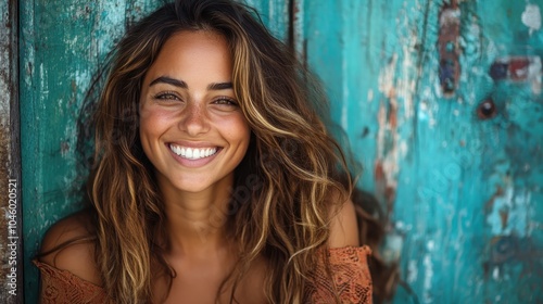 A carefree young woman with loose hair smiles against a textured rustic background, exuding natural beauty and an easygoing, laid-back vibe in bright lighting.