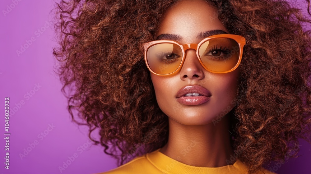 A striking portrait of a woman with curly hair wearing trendy sunglasses, set against a deep purple backdrop, exuding a strong sense of individuality and elegance.