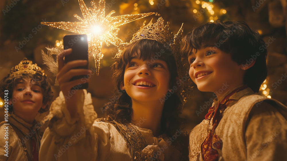children dressed as the three wise men take a selfie with decorations and a star during the night of kings celebration