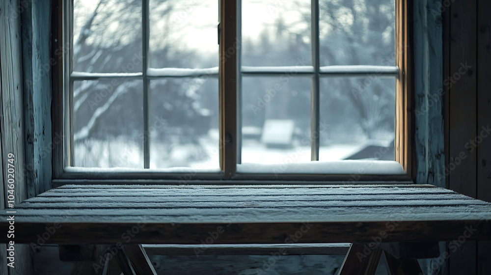 Fototapeta premium Empty table and winter window in background