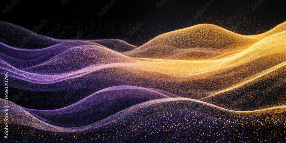 Obraz premium Grainy background displaying a deep lavender, mint, and golden yellow glowing color wave on a black backdrop, with a textured noise effect for a creative poster design