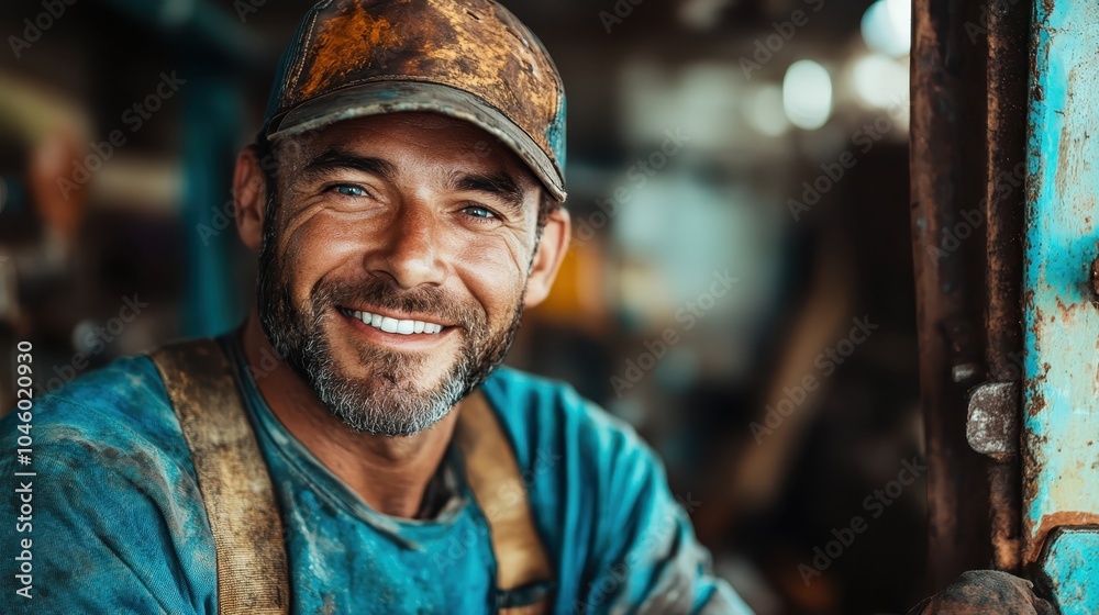 A cheerful worker wearing a cap and blue workwear smiles warmly while leaning on a piece of equipment, showcasing a rugged and friendly demeanor at an industrial setting. A cheerful worker wearing a cap and blue workwear smiles warmly while leaning on a piece of equipment, showcasing a rugged and friendly demeanor at an industrial setting.