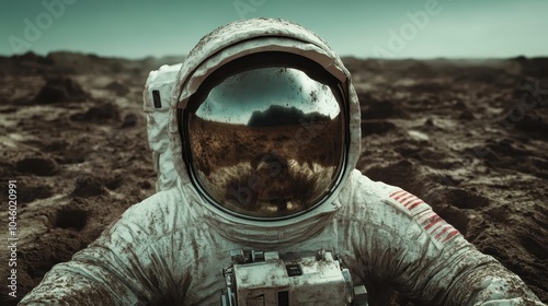 An astronaut in a dusty, alien terrain, with a reflective visor showing the horizon, captures the sense of exploration and human desire to venture into unknown realms. photo