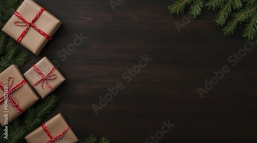 A brown wooden table displays Christmas gifts surrounded by pine branches, creating a festive mockup for seasonal designs