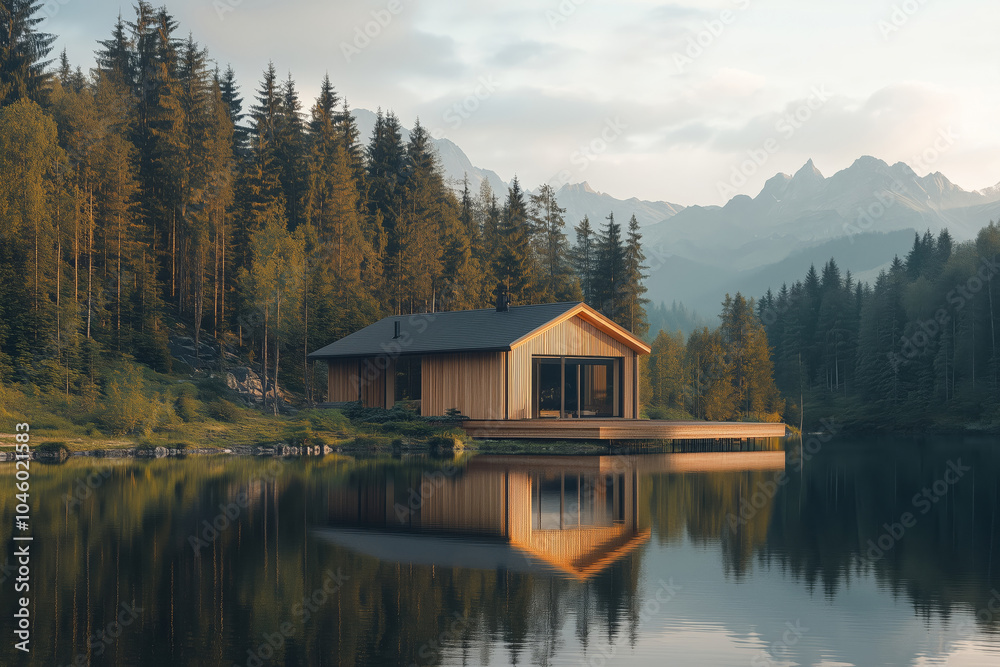 Obraz premium A small minimalist wooden house surrounded by high trees in an autumn forest by the lake, and with some mountains in the background