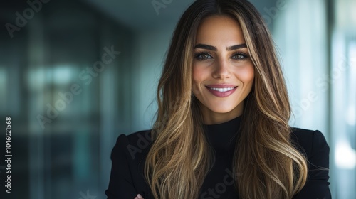 A confident woman stands indoors with long, sleek hair and a professional demeanor, dressed in a stylish black outfit, exuding poise and success with a thoughtful smile.