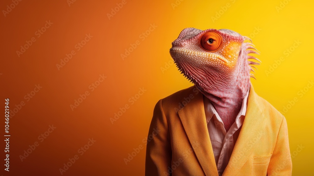 A whimsical image depicting a lizard-headed human in a yellow jacket, looking regal against a bright orange backdrop, representing adaptability and uniqueness.