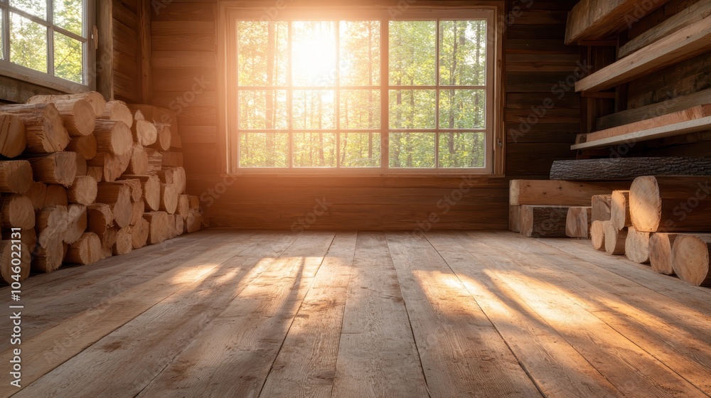 A sun-drenched cabin interior revealing a wooden floor and piles of neatly stacked firewood beside a large window streaming in warm natural light.