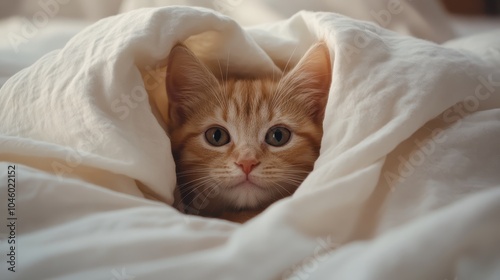 An adorable ginger kitten peeks out from beneath a luxurious white blanket, creating a serene and cozy environment, perfect for relaxation and warmth.