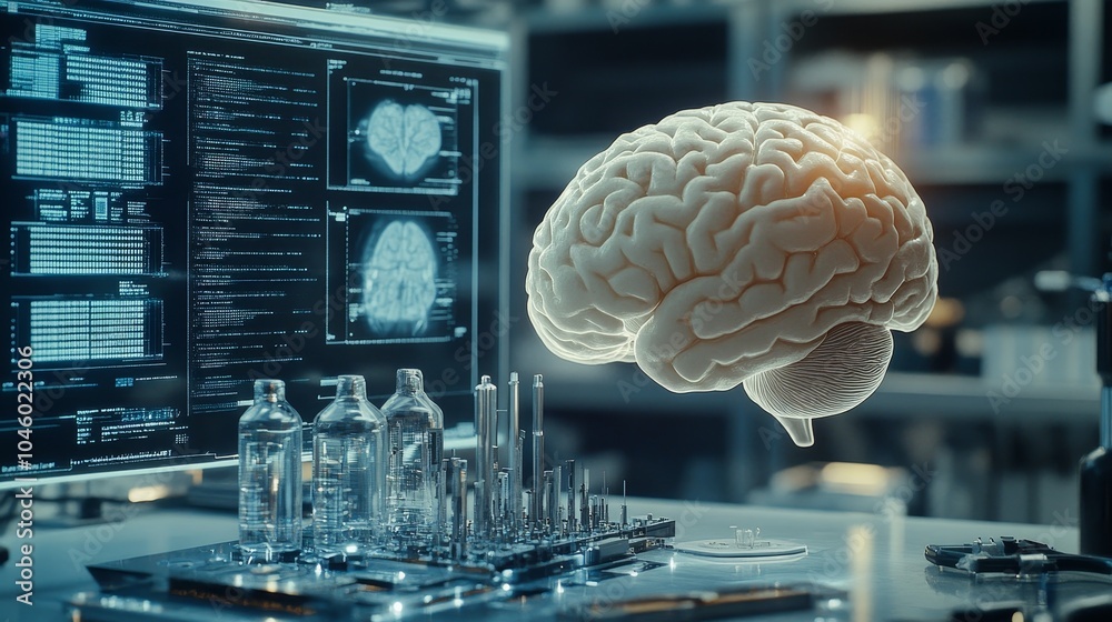 Brain chip being developed in a laboratory, various digital and scientific elements showing the integration of neuroscience, AI, and engineering, Advanced brain technology Brain chip being developed in a laboratory, various digital and scientific elements showing the integration of neuroscience, AI, and engineering, Advanced brain technology