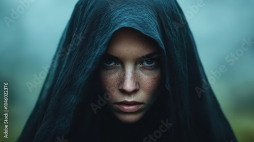 A woman with an intense expression enveloped in a dark cloak projects a deep, mysterious aura, inviting intrigue and fascination through her piercing gaze and enigmatic presence.