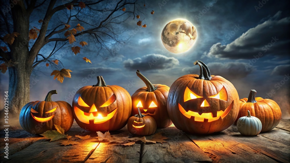 Spooky Halloween night with jack o lanterns in asymmetrical arrangement Spooky Halloween night with jack o lanterns in asymmetrical arrangement